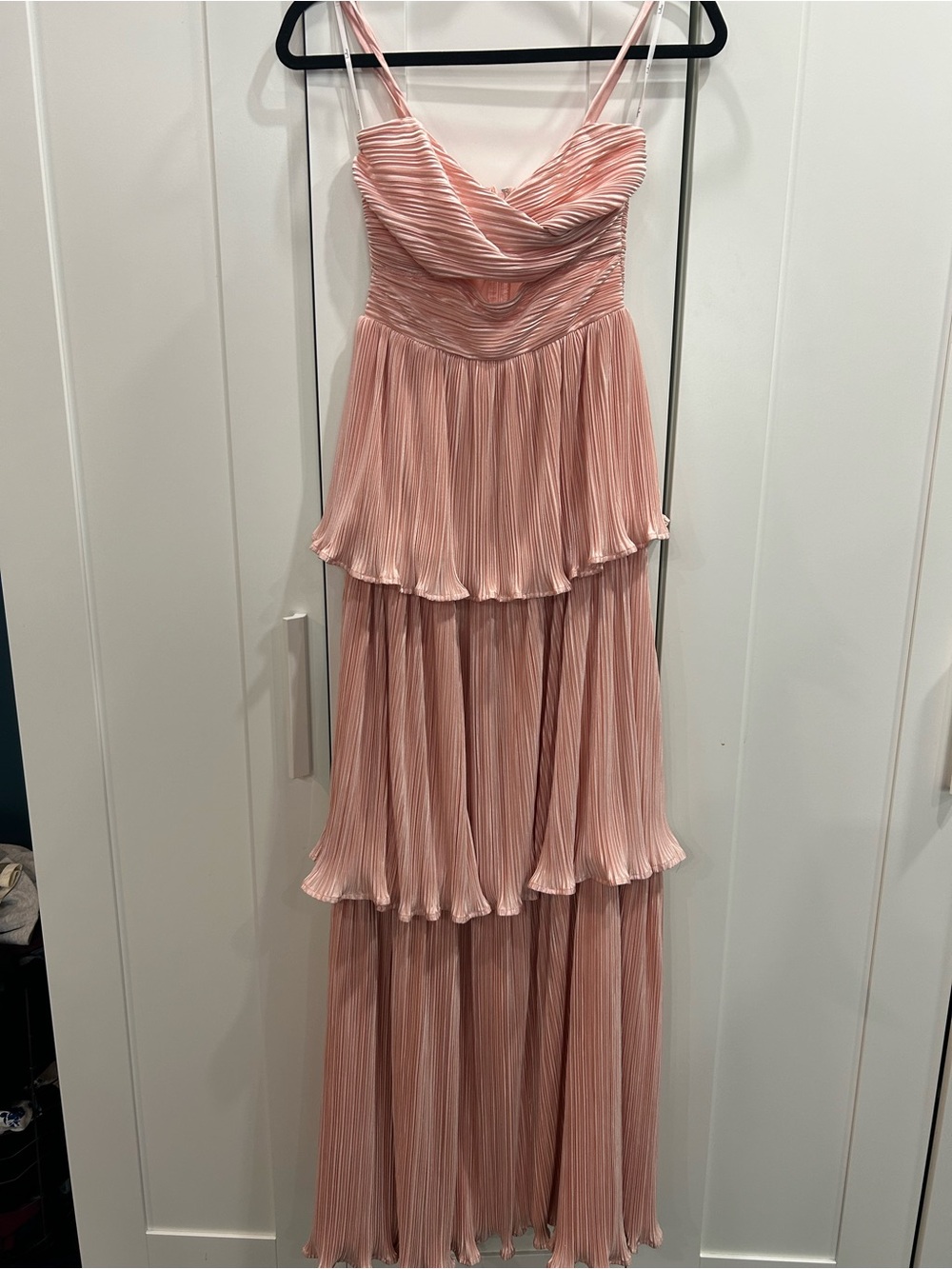 Lulu's Blush Pink Pleated Tiered Maxi Dress Bridesmaid Gender Reveal Baby Shower